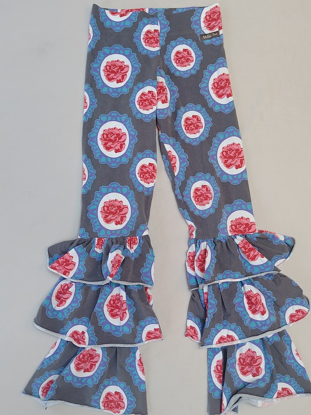 Matilda Jane Kids Ruffled Floral Gray Leggings with Pink Rose Print